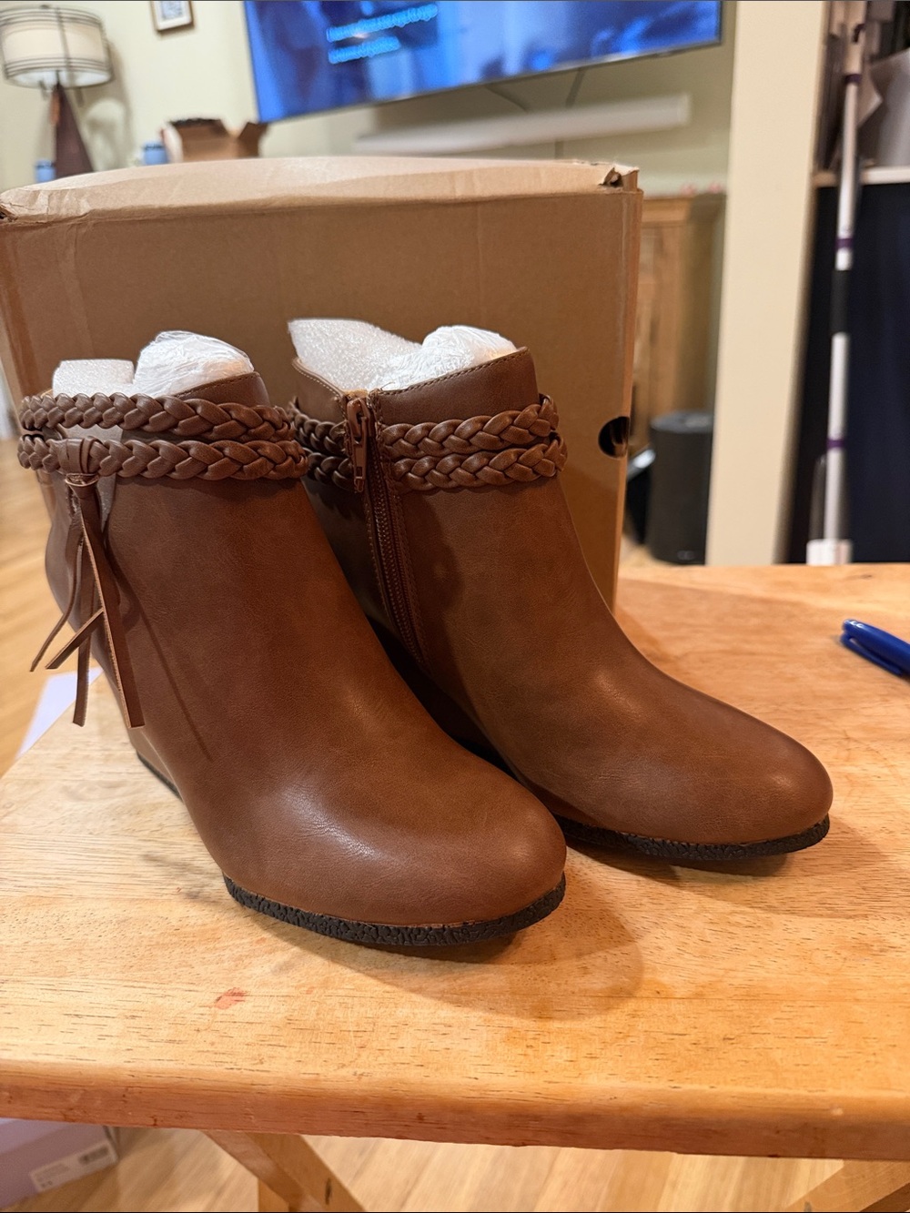 Fashare Braided Trim Tan Ankle Booties with Wedge. Size 6.5 (87) & size 9 (96)